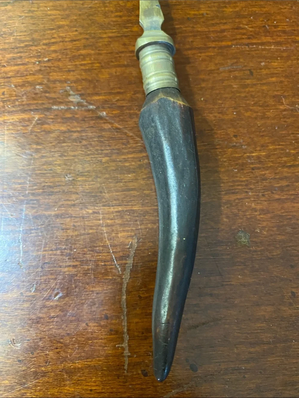 Vintage Brass Jam Spoon, Etched Botanical Design &Horn Handle